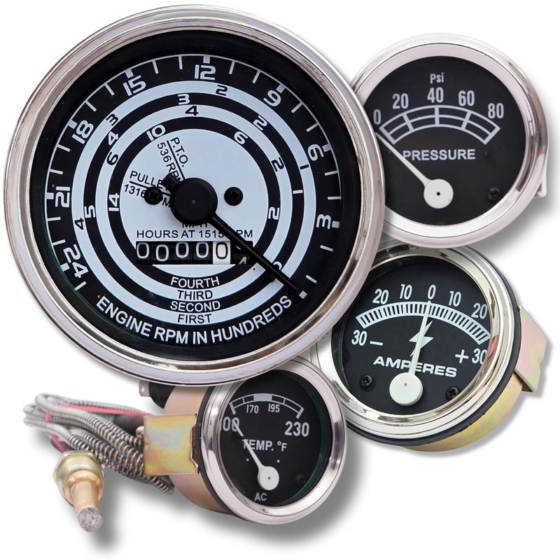 VR Autopedia Fits in Ford Tractor, Gauge Set - 2N, 8N, 9N, NAA, 601, 701, 801, 901, 2000, 4000 | Temp, Amp, Oil Pressure, Tachometer | Chrome Bezel | Replacement Gauges Kit for FD by - Image 1